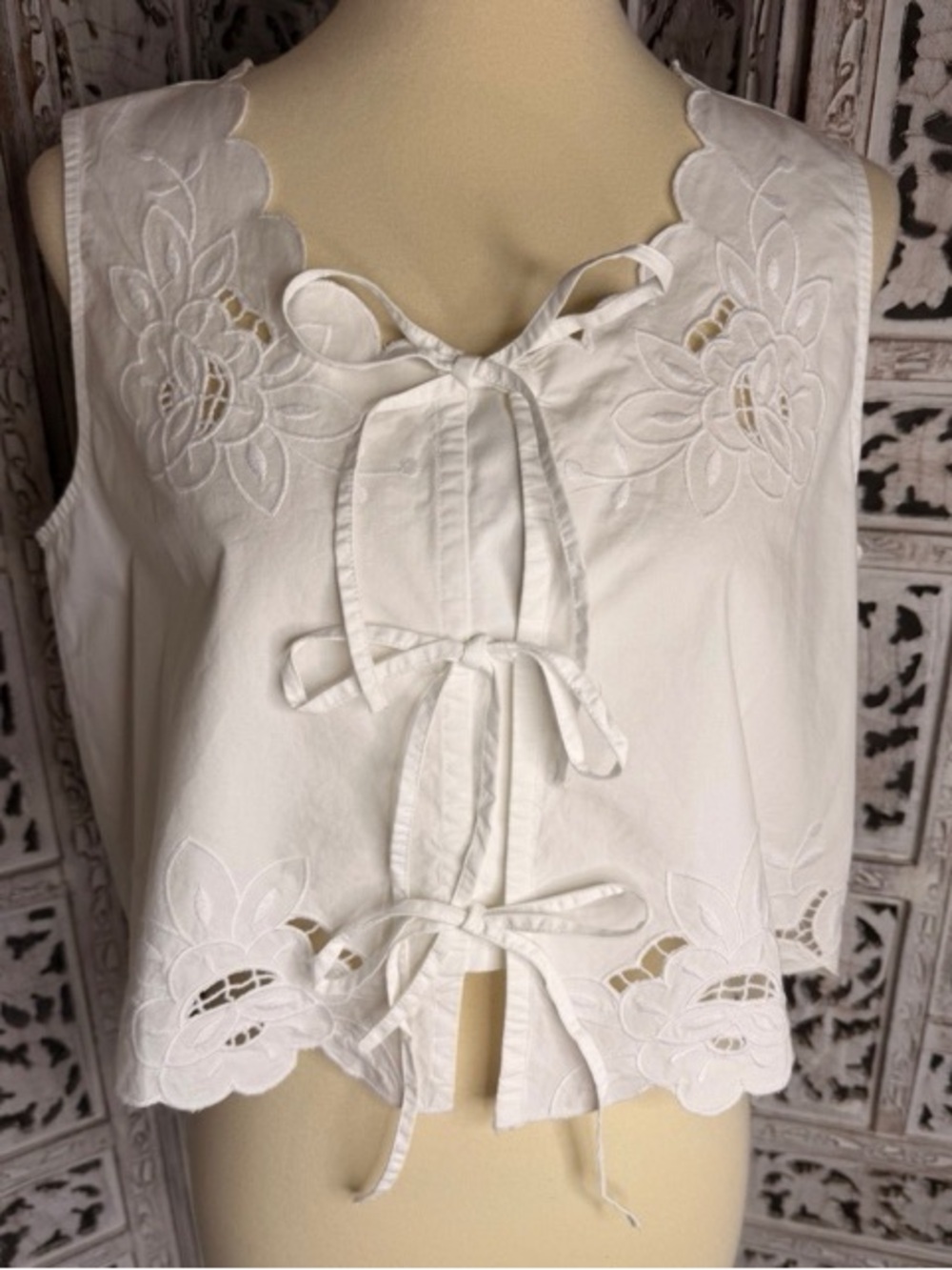 White Embroidered Tie-Front Camisole Top